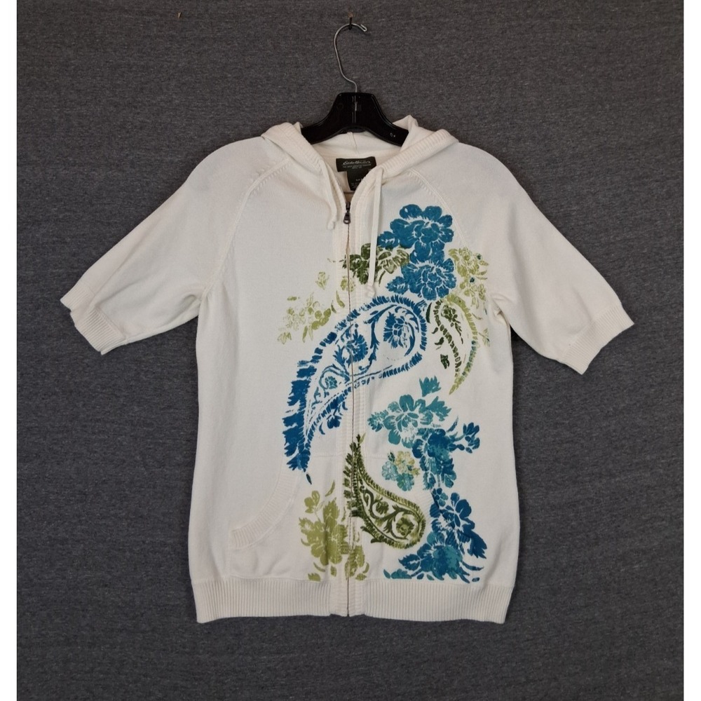 Eddie Bauer Womens Sweater S White Blue Floral Paisley Full Zip Jacket Hoodie